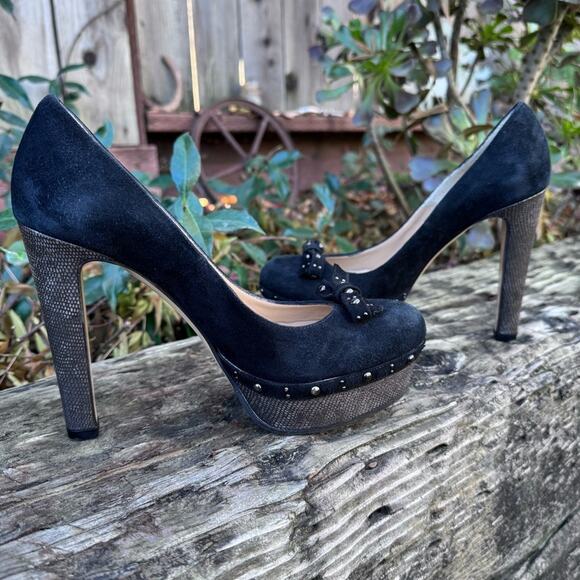 Gianni Marra Platform Black Leather Suade Studded Bow Italy Heels Size 36.5 / 6 - Picture 6 of 14